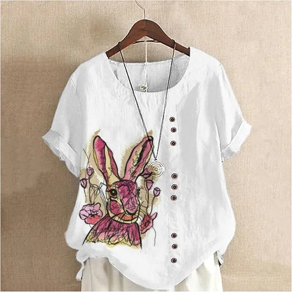 Women'S Elegant  Rose And Rabbit Pattern Cotton And Linen Short Sleeve Top