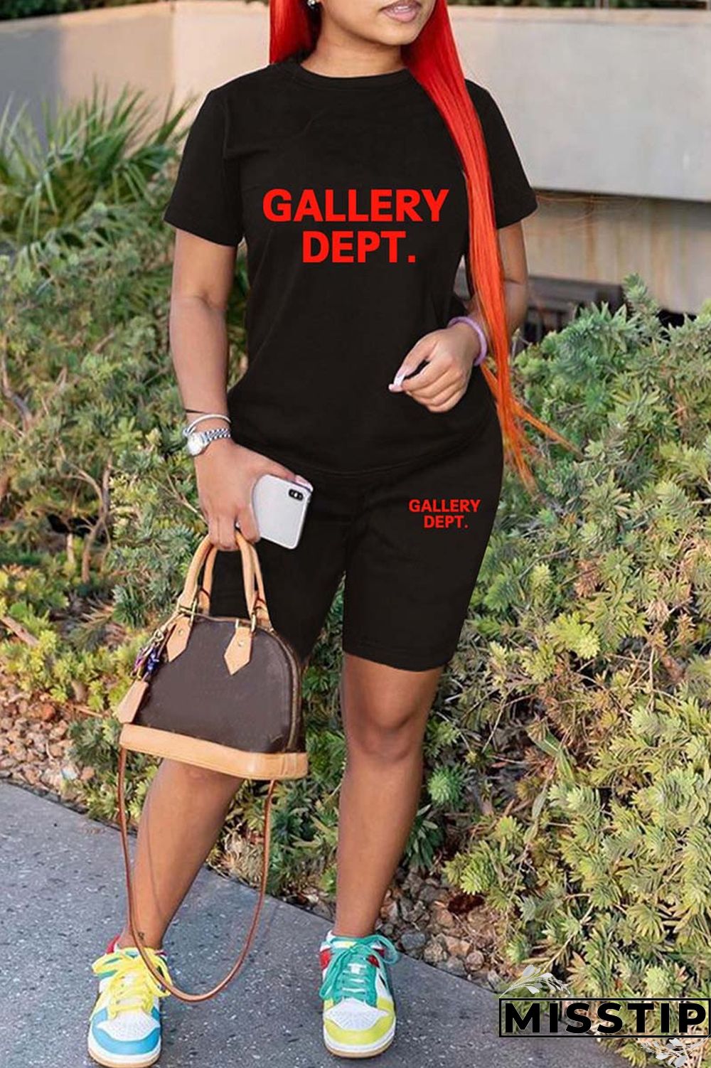 Green Casual Letter Print Basic O Neck Short Sleeve Two Pieces