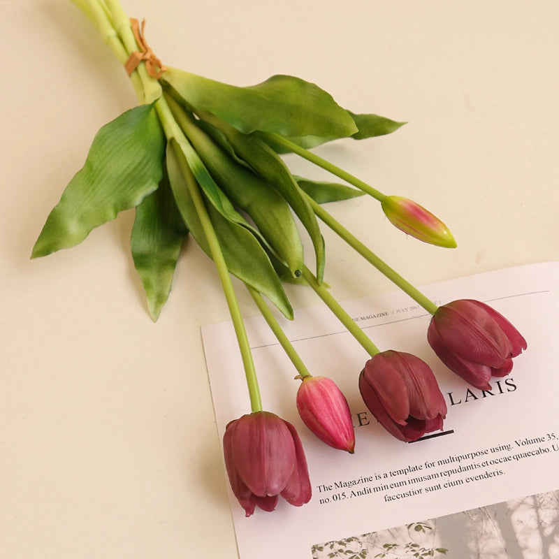 5 Sticks Soft Rubber Feel Tulip Artificial Flower Home Decoration Fake Flower Tulip Bouquet Factory Direct Sale