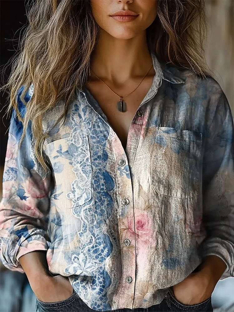 Women's Flower Print Casual Long Sleeve Comfortable Cotton Shirt