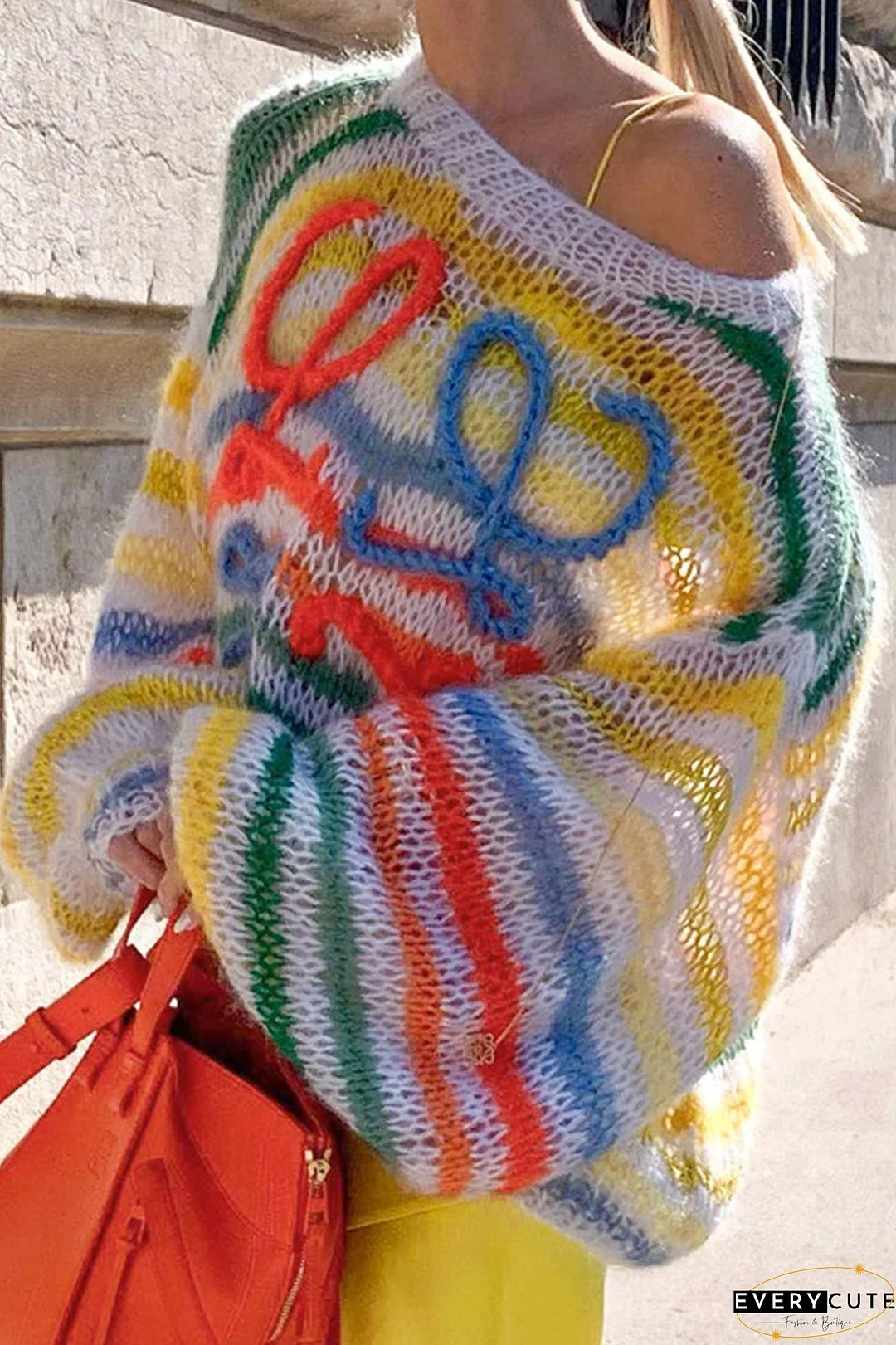 Rainbow Contrast Crochet Sweater