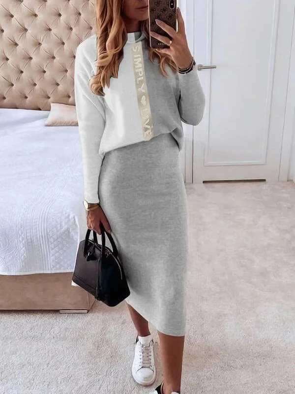 Women's Sets Colorblock Printed Long Sleeve Top & Skirt Two Piece Set