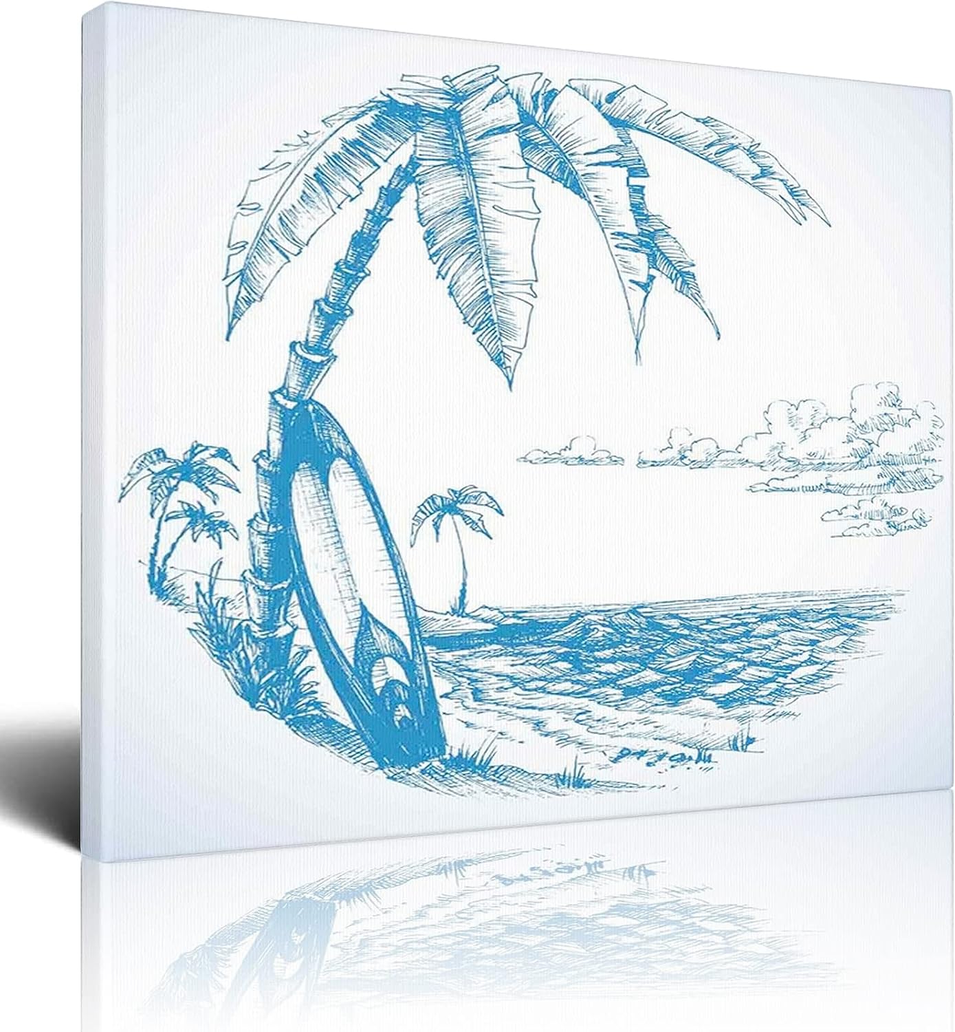 Surf Canvas Wall Art Pictures for Living Room,Hawaiian Beach with Surfboard Palms and Ocean Water,Wall Decor Office Picture Framed Artwork Decor for Home Bedroom Decoration,Blue and White 16x24 Inch 16x24 Inch