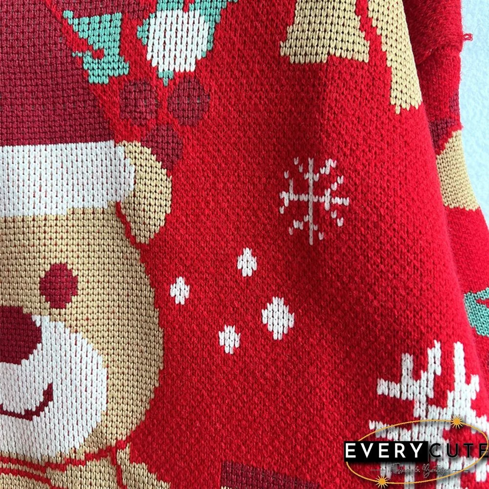 Red Christmas Bear Snowflake Pattern Pullover Sweater
