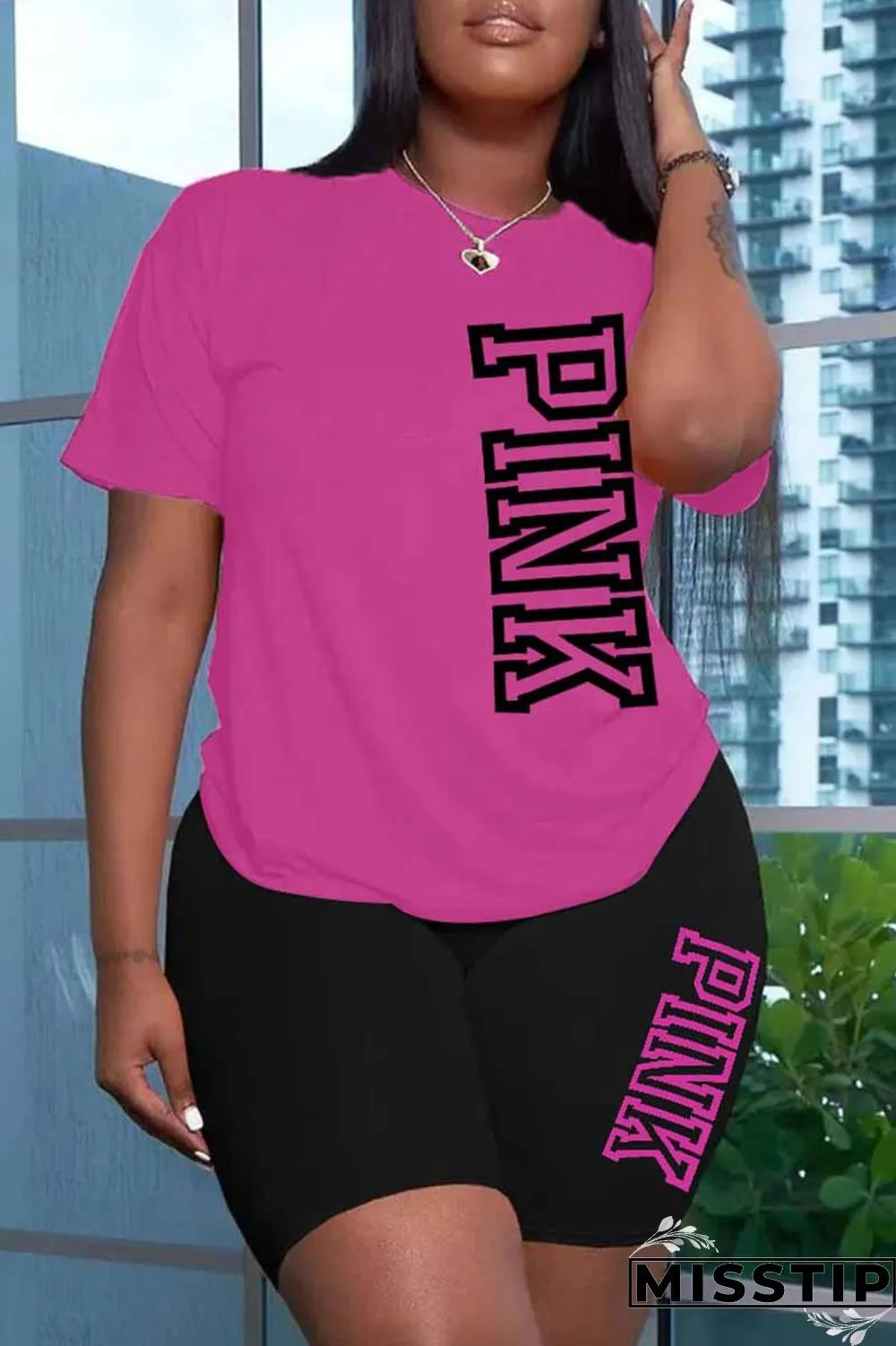 Burgundy Casual Print Letter O Neck Short Sleeve Two Pieces