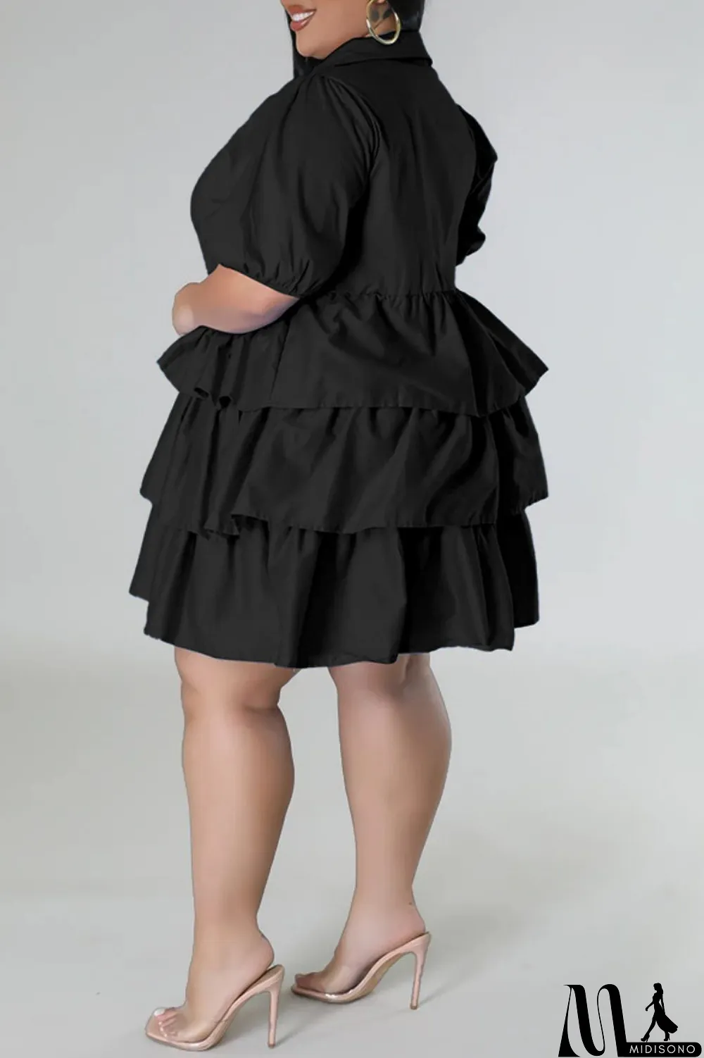 MidiSono - Light Blue Casual Solid Patchwork Turndown Collar Cake Skirt Plus Size Dresses