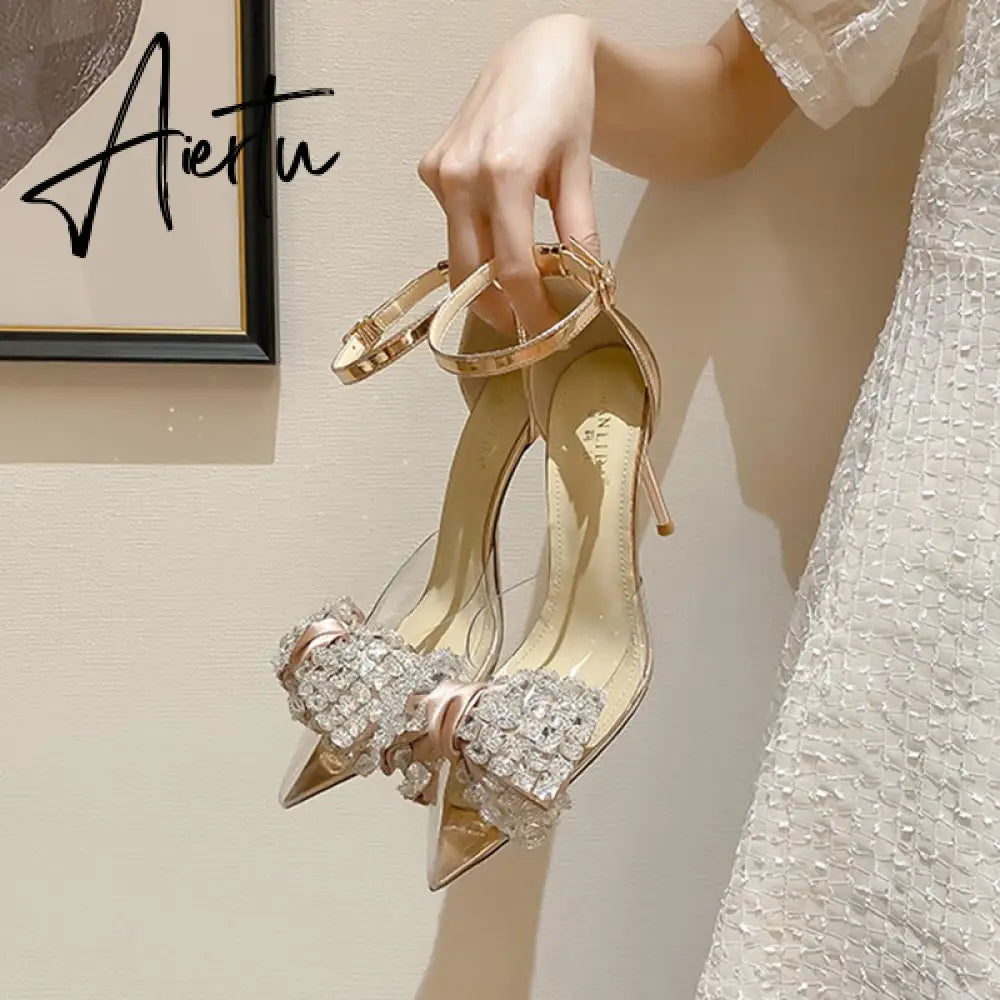 Crystal Bowknot Pumps Women Transparent Pvc Thin Heels Wedding Party Shoes Woman Bling Rhinestones High Heels Shoes Aiertu