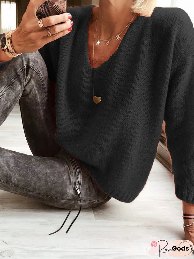 Casual V Neck Plain Sweater