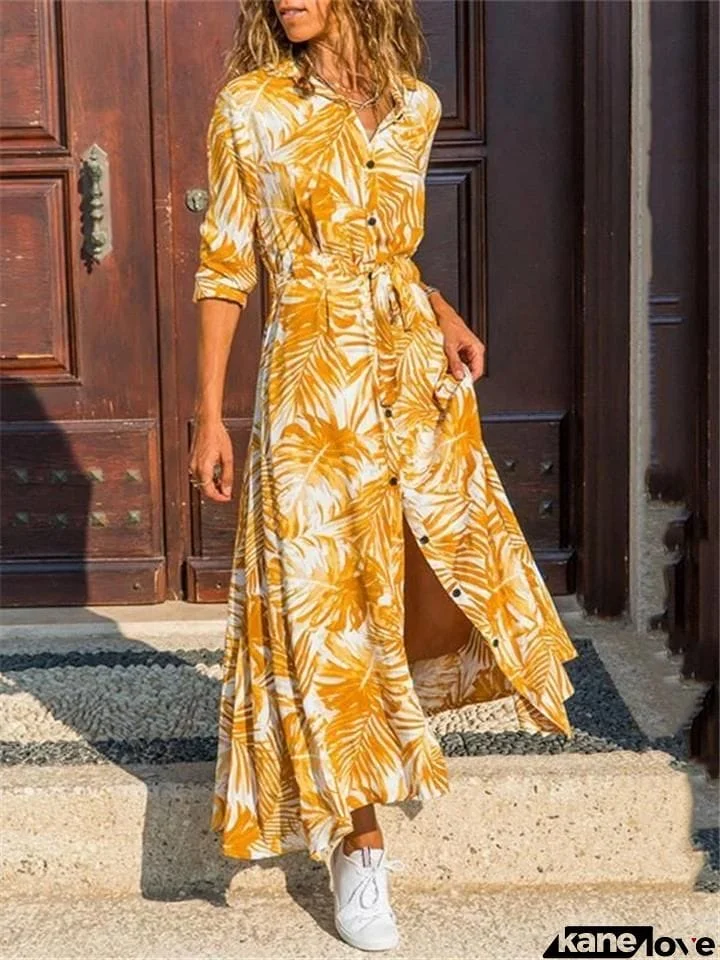 Stylish Chiffon Leaf Printed Button Up Long Sleeve Maxi Shirt Dress