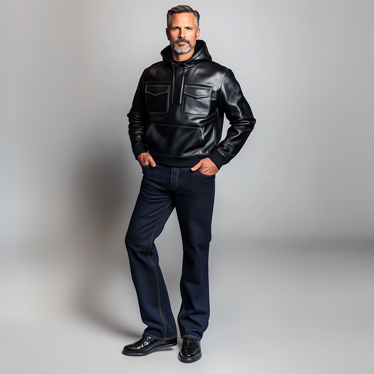 Men's PU Leather Casual Outdoor Hoodie-inspireuse