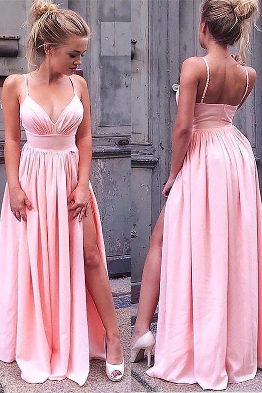 Modern Spaghetti-Straps Pink Long Evening Dress With Slit - lulusllly