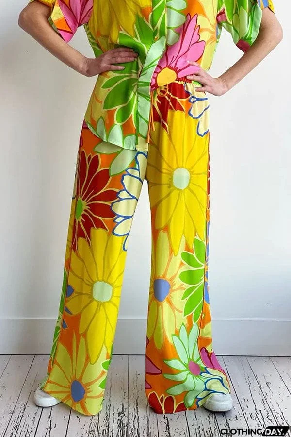 Trayce Colorful Floral Print Elastic Waist Pocketed Wide Leg Pants