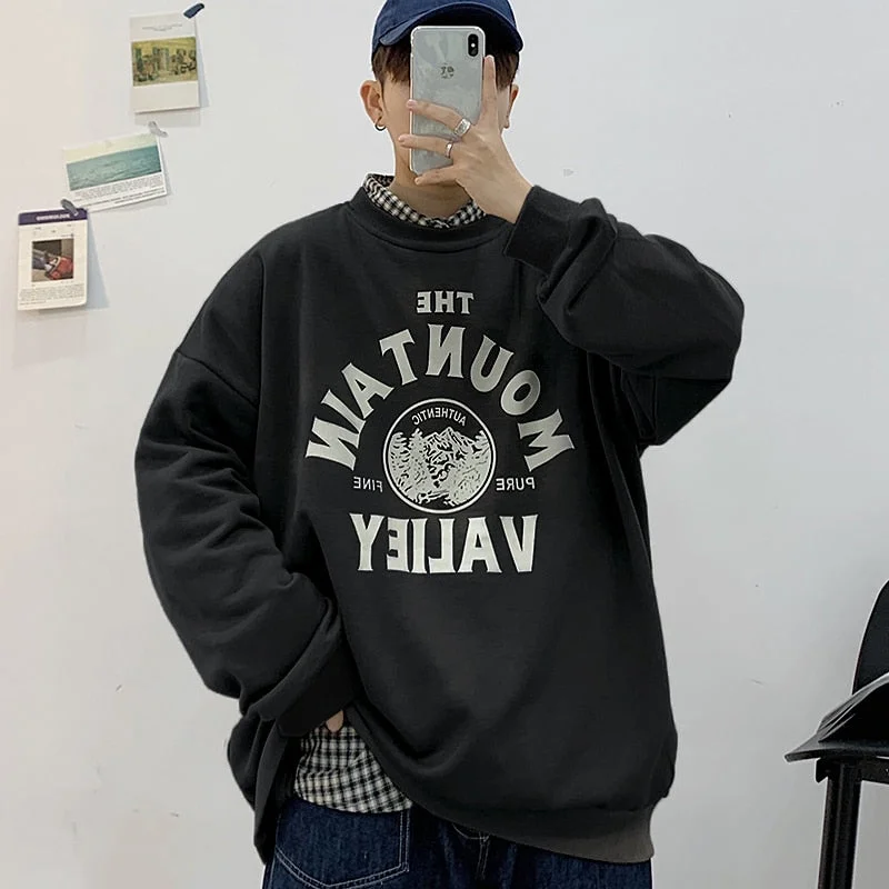 Aonga Korean Men's Oversized Sweatshirts Graphic Printed Man  Casual Hoodies 2023 Winter Fleece Male Loose Pullovers Tops