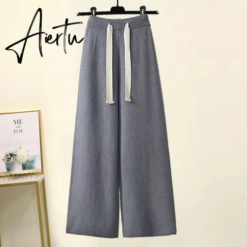Aiertu Autumn Winter Warm Knitted Suit Women Long Sleeve Half Turtleneck Knitting Sweater And Wide Leg Pants Sets Outer Wear Loose Set Aiertu