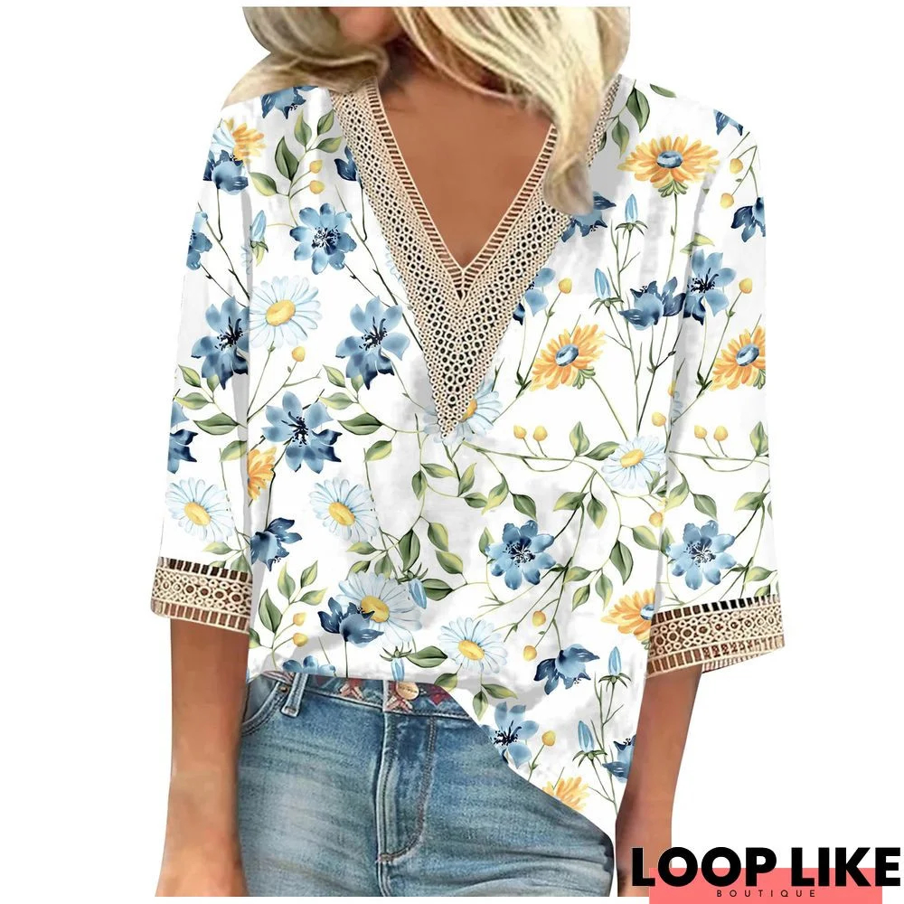 Woman Chiffon Floral-Print Half Sleeve V Neck Elegant T-shirt