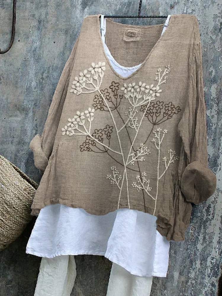 Vintage Dandelion Floral Embroidered Linen Blend Tunic