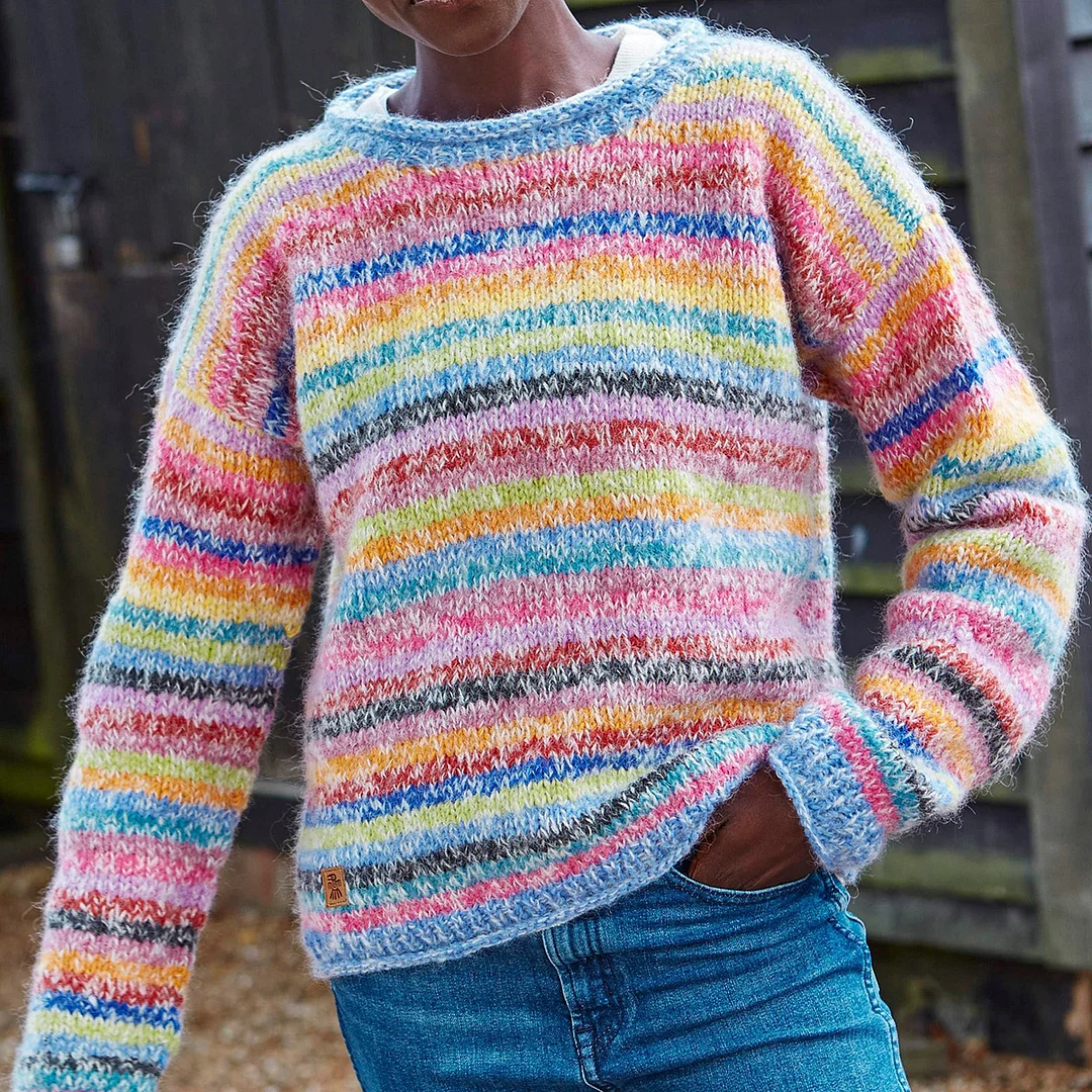 Vintage Mohair Rainbow Stripe Knit Jacquard Crew Neck Sweater