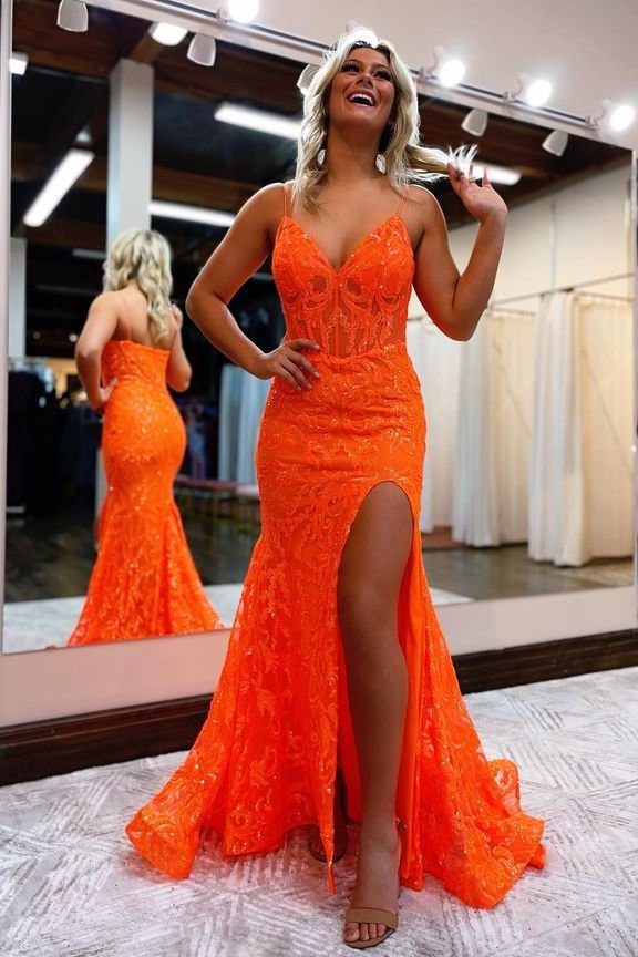 Romantic Spaghetti Straps Mermaid Split Prom DressWith Beaded Appliques | Ballbellas Ballbellas