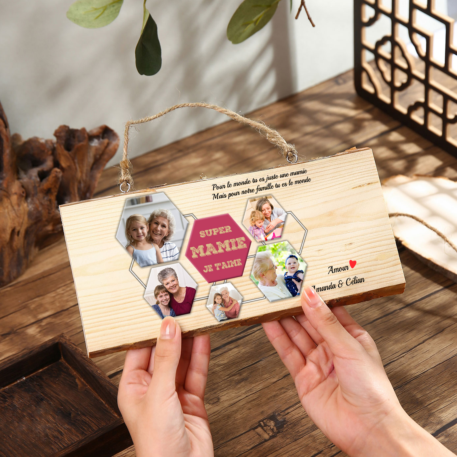À ma Mamie - Décoration en bois 2 Prénoms et 5 Photo Personnalisés Peinture Décorative