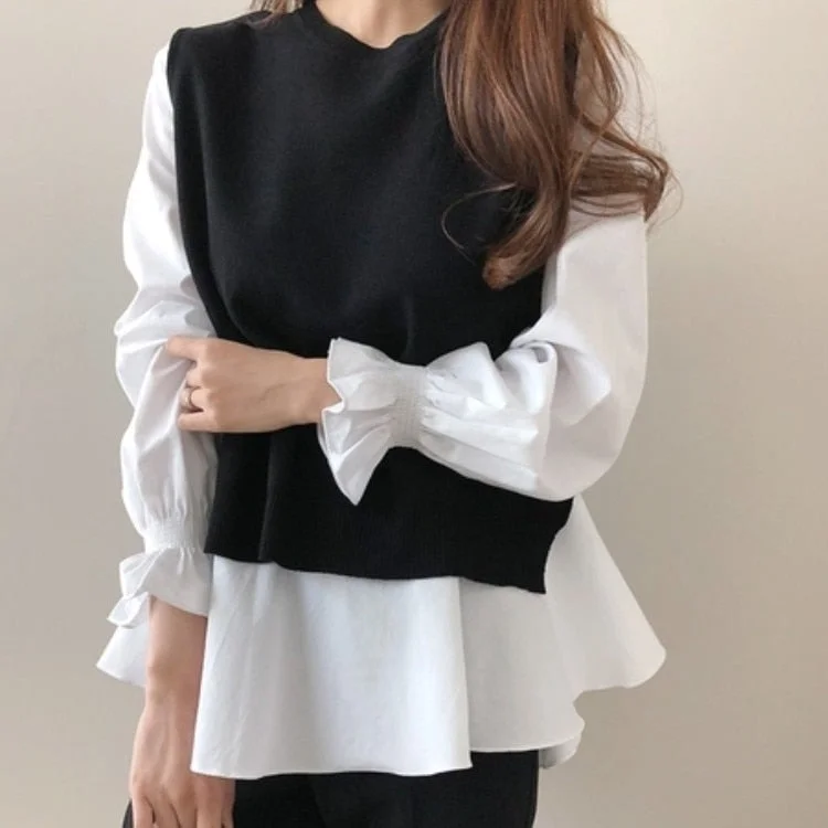 2020 Autumn Women white Ruffled Long Sleeve Shirt+ black O-Neck Pullover Sleeveless Vest Office Casual Knitted Vest 2 Piece Set