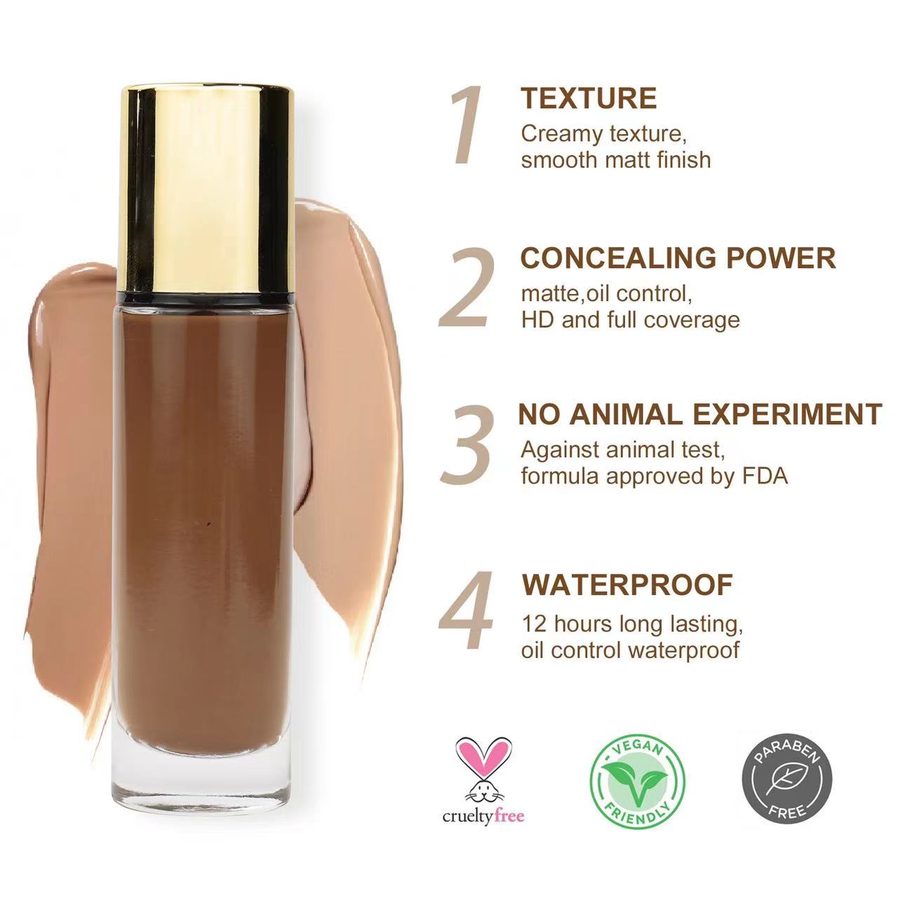 gold tube liquid foundation The makeup effect and nourishment are combined into one, which is comfortable and comfortable, and protects the skin barrier. The makeup has a matte soft focus effect, making the skin look clean and translucent! The makeup stays on well. I can wear makeup all day and cover pores, acne marks, and blemishes. Bath supplies (shampoo, conditioner, soap, hair oil and all other bath products) Cosmetics (foundation, eye shadow, eyeliner, perfume, manicure and other cosmetics) Skin care products (moisturizing lotions, facial cleansers, sunscreens, facial cleansers, aromatherapy, essential oils and other skin care products for various parts of the body) OEM customization (outer packaging, bottle body, fragrance, capacity, material, and LOGO can all be customized) wholesale, factory direct sales, affordable prices, low, medium and high quality are your choice, welcome to consult