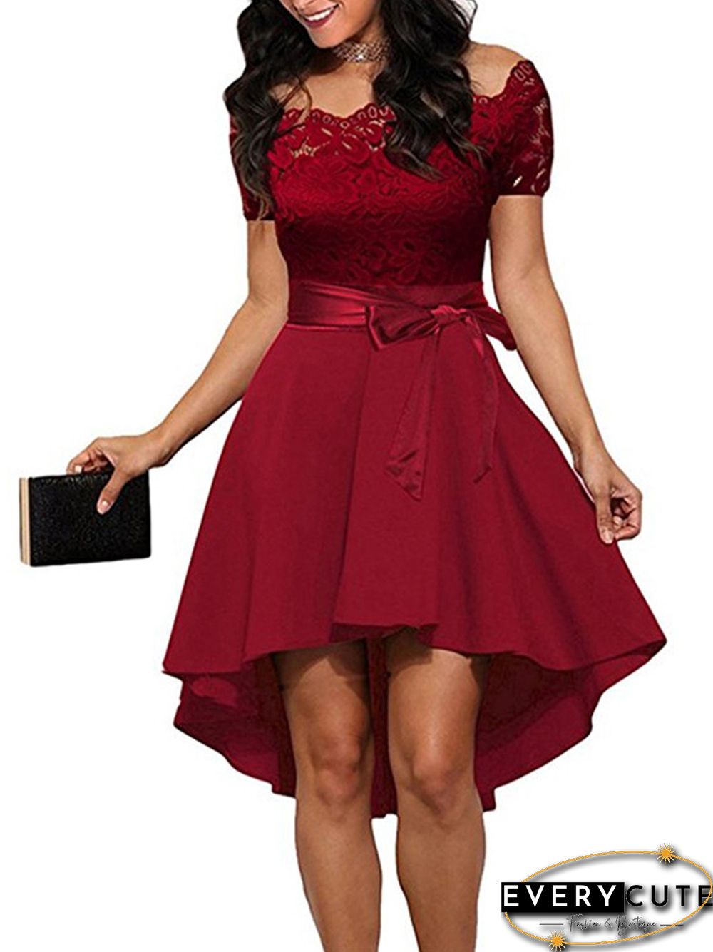 Elegant Red Lace Dress Women Patchwork Slash Neck Short Sleeve Sashes Tunic Dress Summer Ladies Sexy Evening Party Dresses