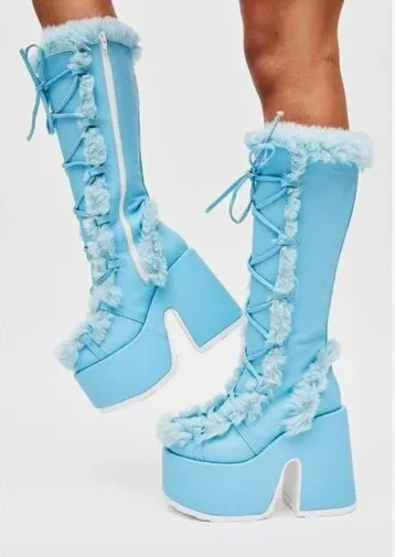 Breakj White Fur High Platform Boots High Chunky Heel Round Toe Mid Calf Boots Elegant Women Casual Outfit Winter Cross Tied Shoes