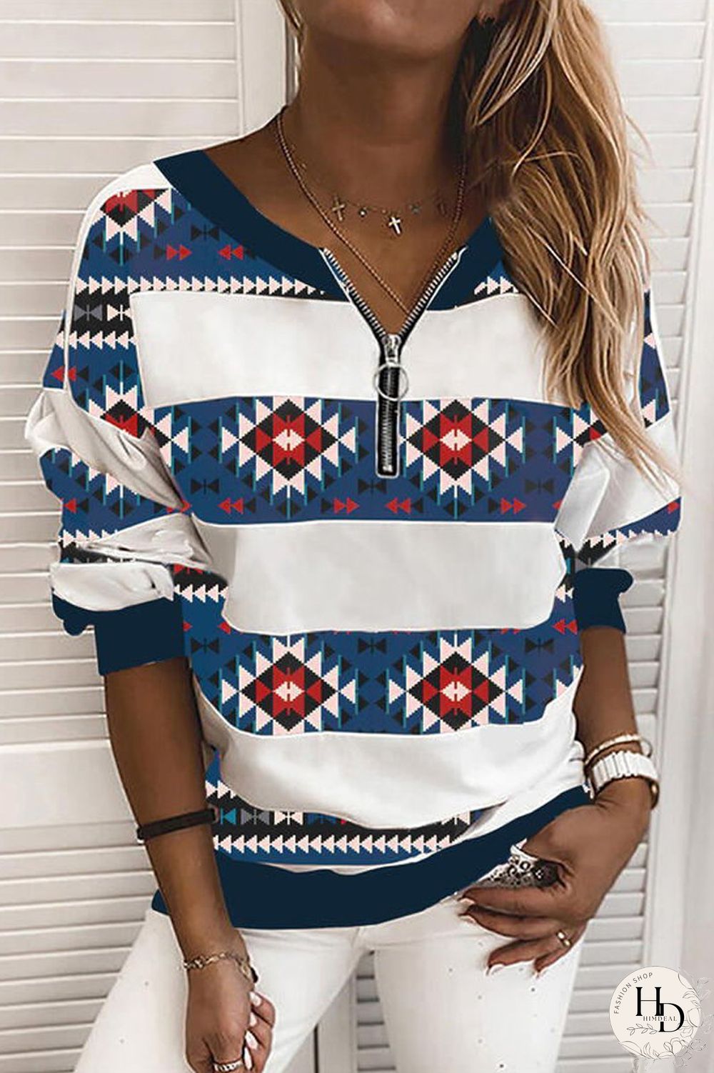 Striped Splicing Geometry Print Long Sleeve Sweatshirt