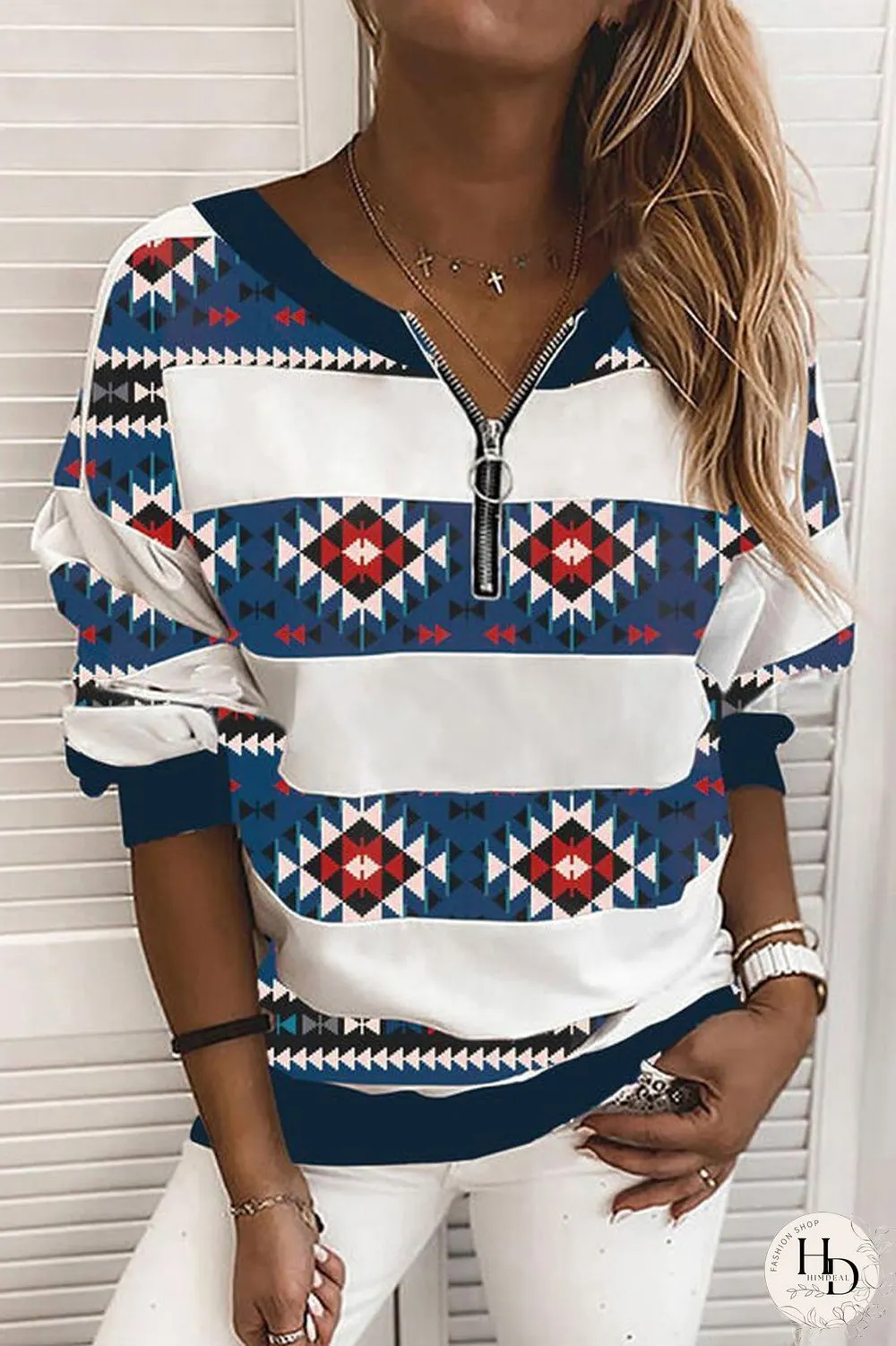 Striped Splicing Geometry Print Long Sleeve Sweatshirt
