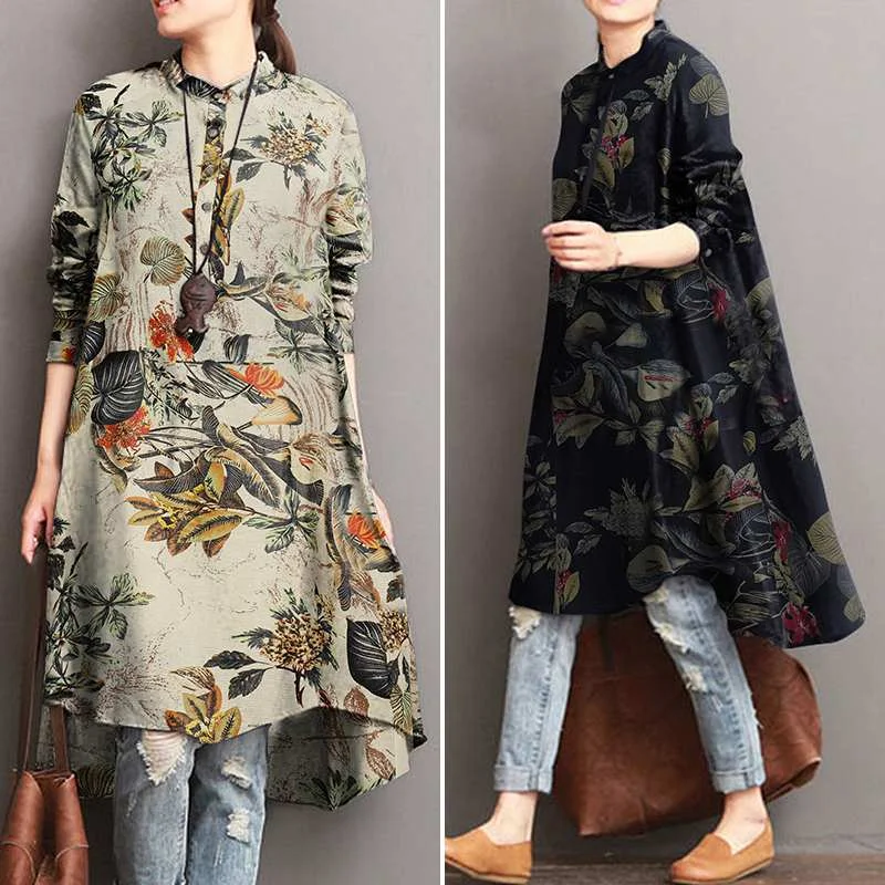 2022 ZANZEA Autumn Women's Floral Blouses Elegant Shirt Vestidos Casual Long Sleeve Long Tops Female Printed Tunic