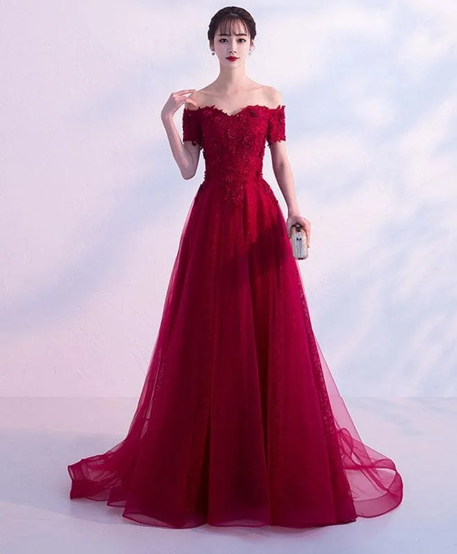 Burgundy Tulle Lace Off Shoulder Long Prom Dress