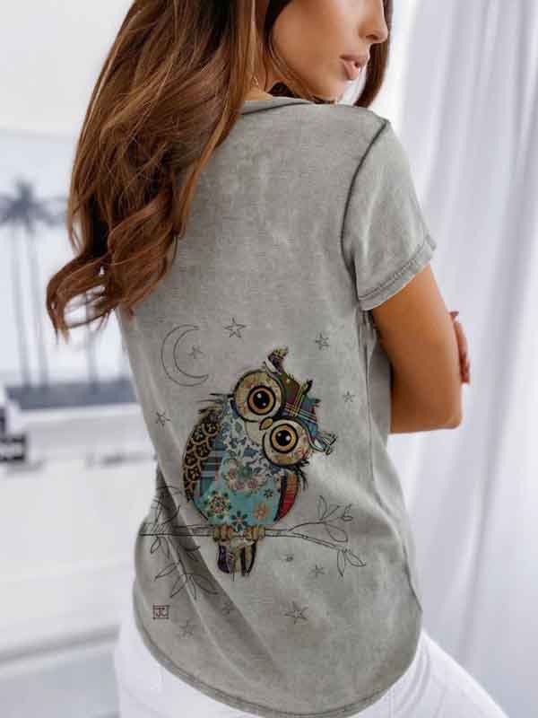 Gray Vintage V Neck Animal Cotton Shirts & Tops