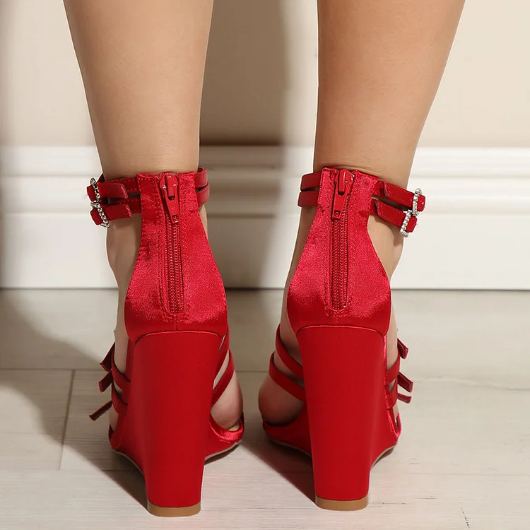 Red Strappy Buckle Sandals Women s Classic Square Toe Zipper Wedge