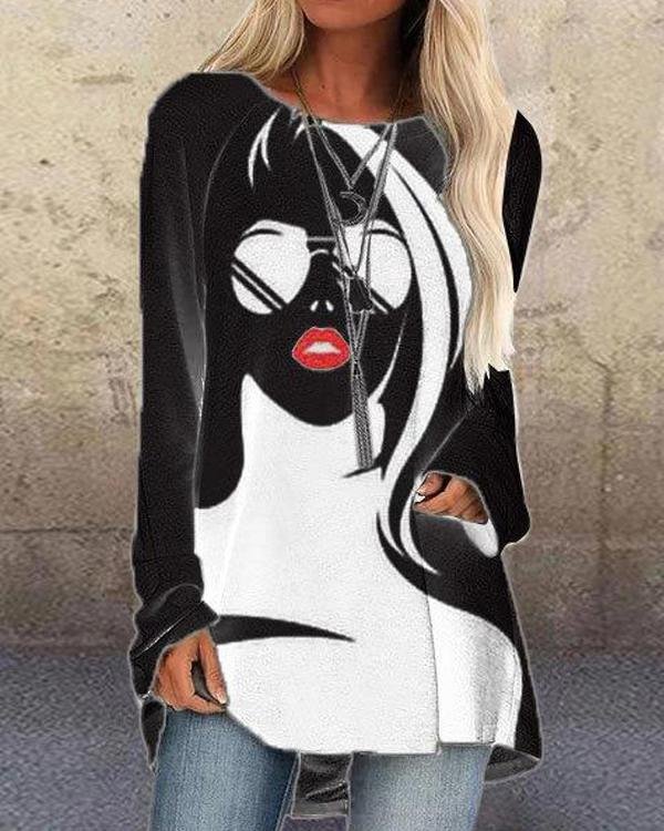 Figure Print Long Sleeve O-neck Casual T-shirt for Women - Chicaggo