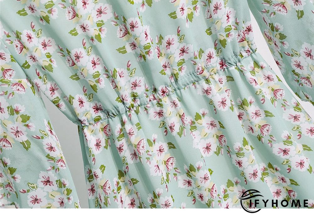 Spring Summer Chiffon Women V-Neck Floral Print Short Dresses Sweet Ruffle Sleeeve Slim Drawstring Ladies Dress | IFYHOME