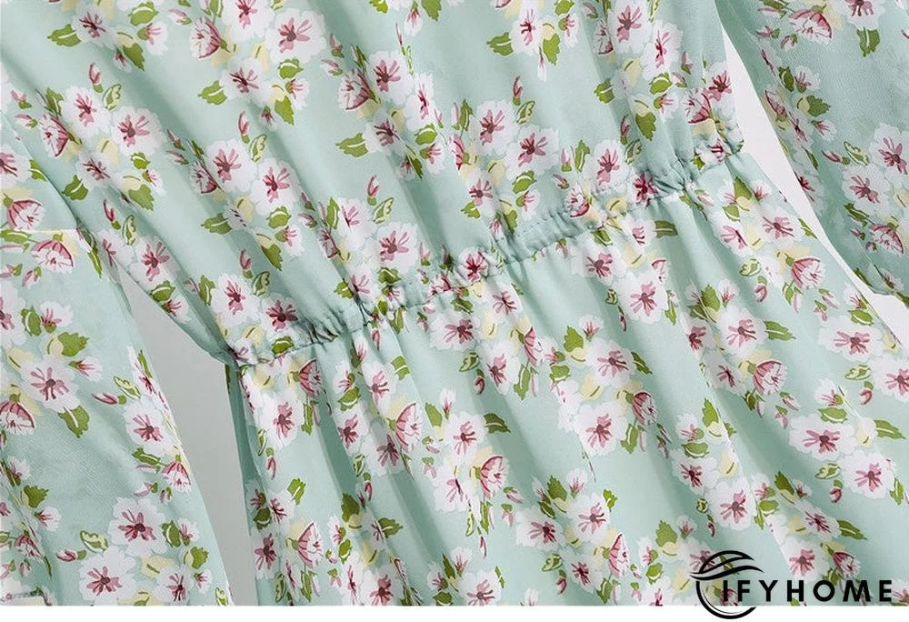 Spring Summer Chiffon Women V-Neck Floral Print Short Dresses Sweet Ruffle Sleeeve Slim Drawstring Ladies Dress | IFYHOME