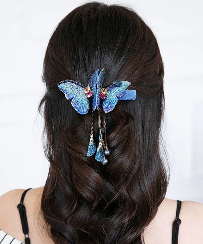 Oversize Blue Zircon Butterfly Embroidery Spring Tassel Hairpin