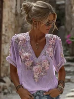 Women's Vintage Resort Embroidered Floral V-neck T-shirt - Image 5