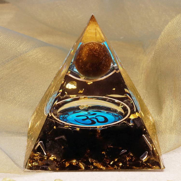 Tiger Eye Obsidian OM Symbol Orgone Pyramid
