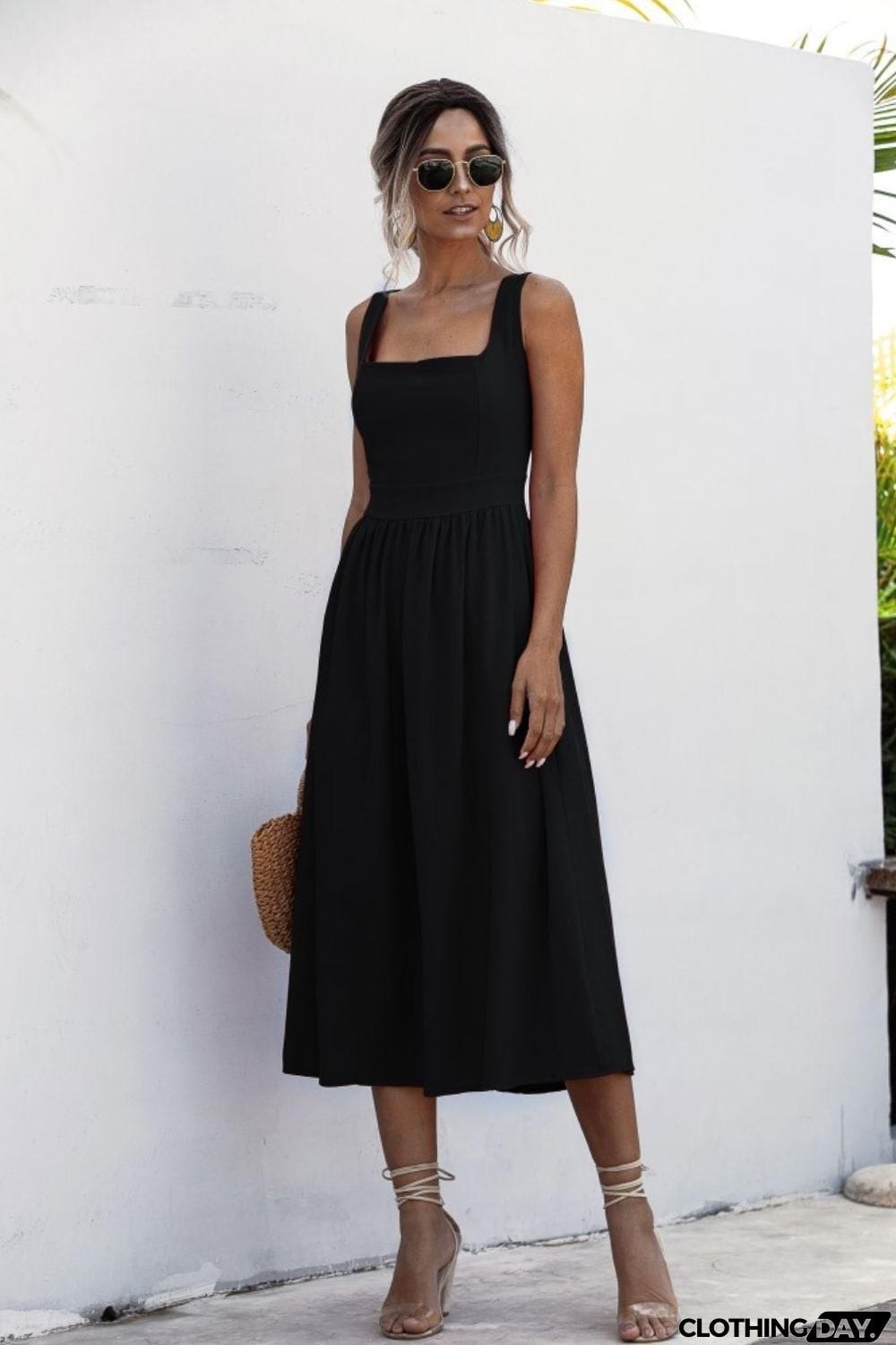 Square Neck Sleeveless Smocked Midi Dress