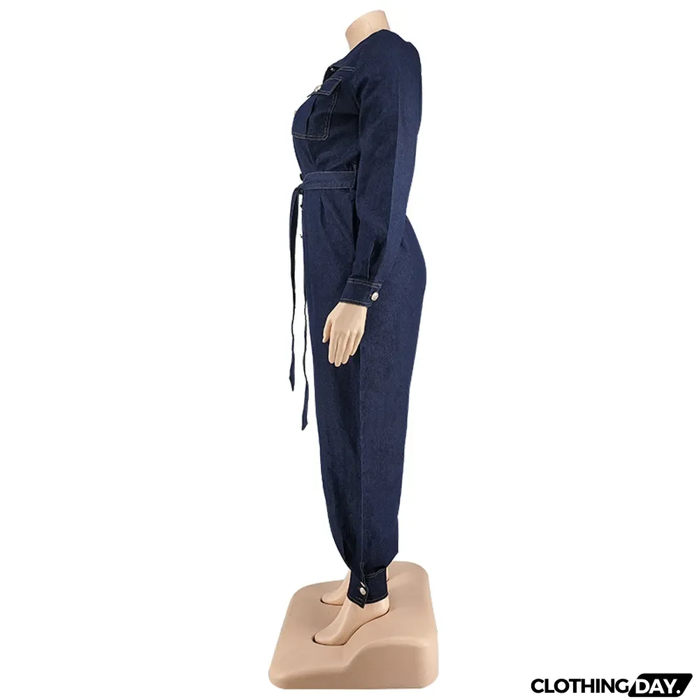 Slim V-Neck Casual Plus Size Women's Denim Jumpsuit