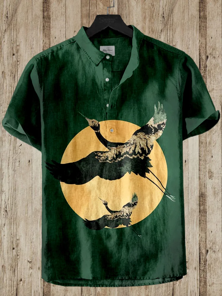 Japanese Cranes & Sun Art Linen Blend Shirt