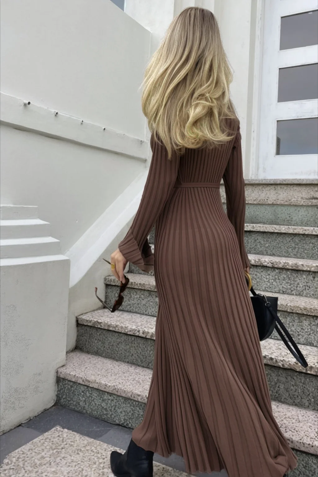 Uveng Uveng Round-Neck Knitted Long Dress 2023 Autumn New Sweater Skirt Pit Strip Solid Color Bottom Dress