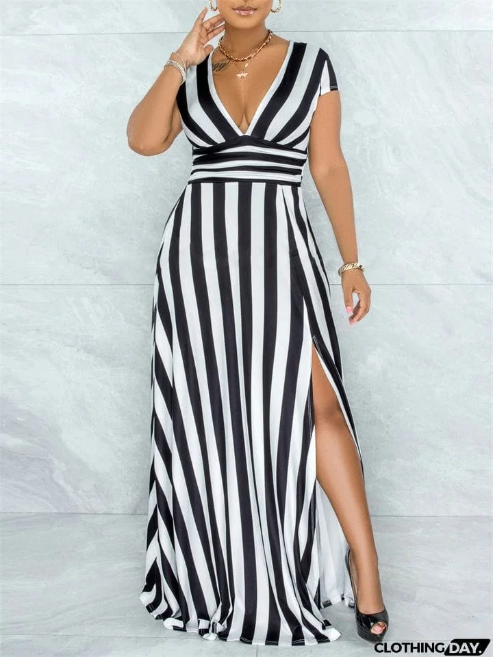 Fashion Sexy Stripe Deep-V Split Dresses
