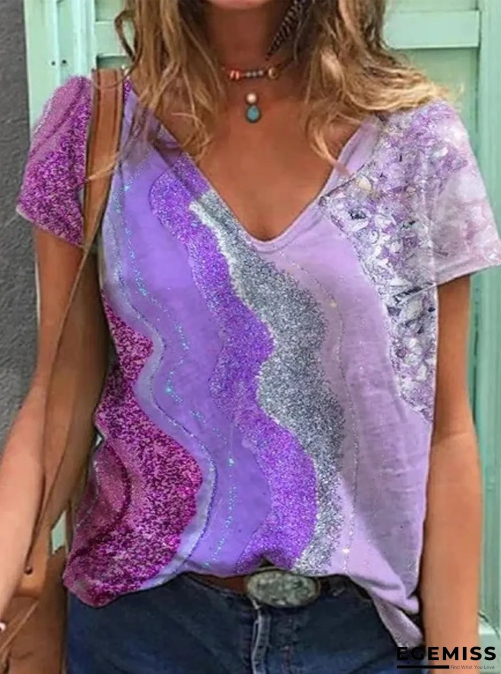 Loose Casual Abstract Print V-Neck Short Sleeve T-Shirt | EGEMISS