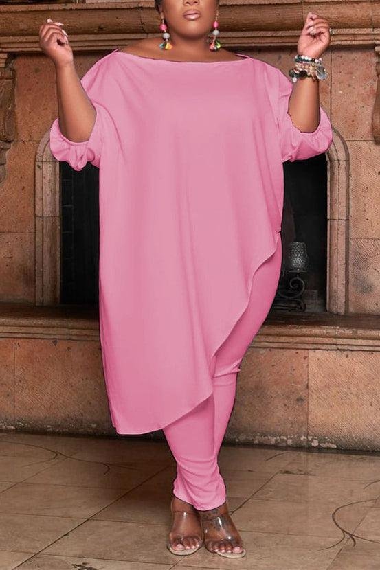 Xpluswear Plus Size Barbie Pink Loose Solid Color Two-piece Diagonal Shoulder Pant Set