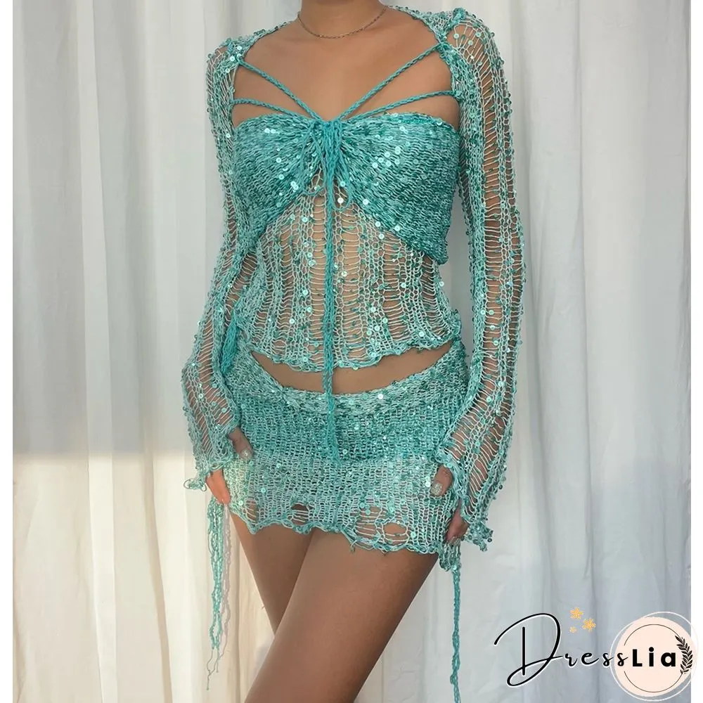 Sexy Sequin Knitted Sweater Three Piece Skirt Sets