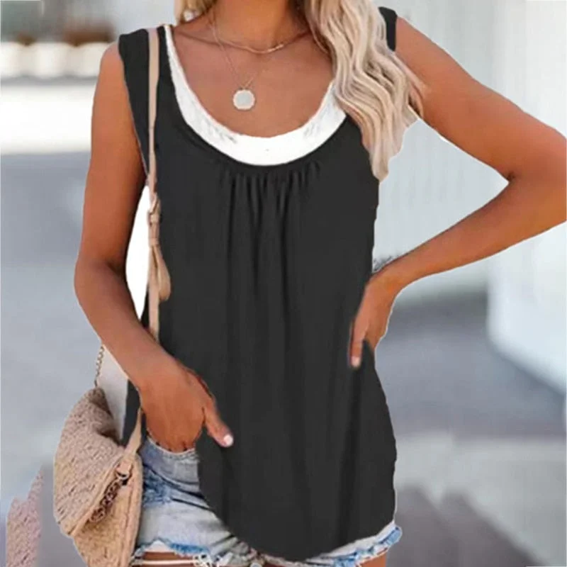 Umeko 2021 Summer Style Soft Women Fake Two-layer Sleeveless T-shirt Casual T Shirt Elegant Lady Bottoming Tees Streetwear