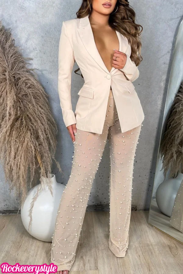 Sexy Solid Color Slim Blazer Sheer Mesh Beaded Pant Two Piece Suits