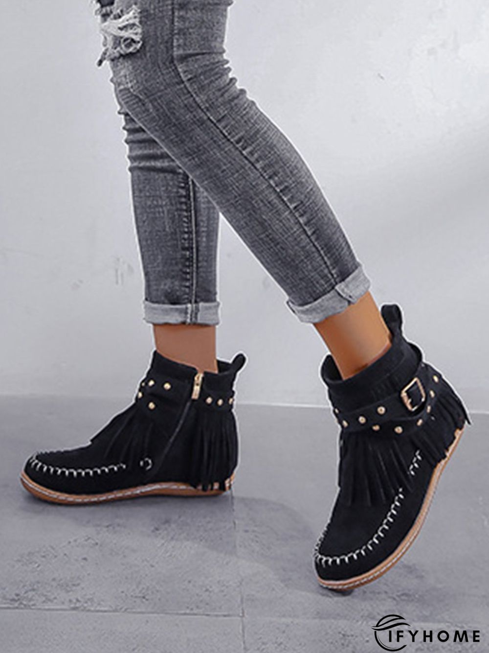 Vintage Fringe Studded Flat Round Toe Buckle Booties | IFYHOME